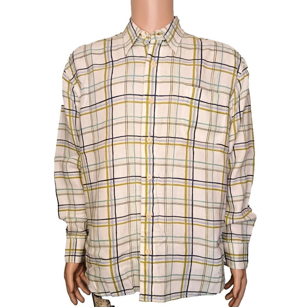 Tommy Bahama Shirt Mens L Green Blue Plaid 100% Linen Button Long Sleeves    T20